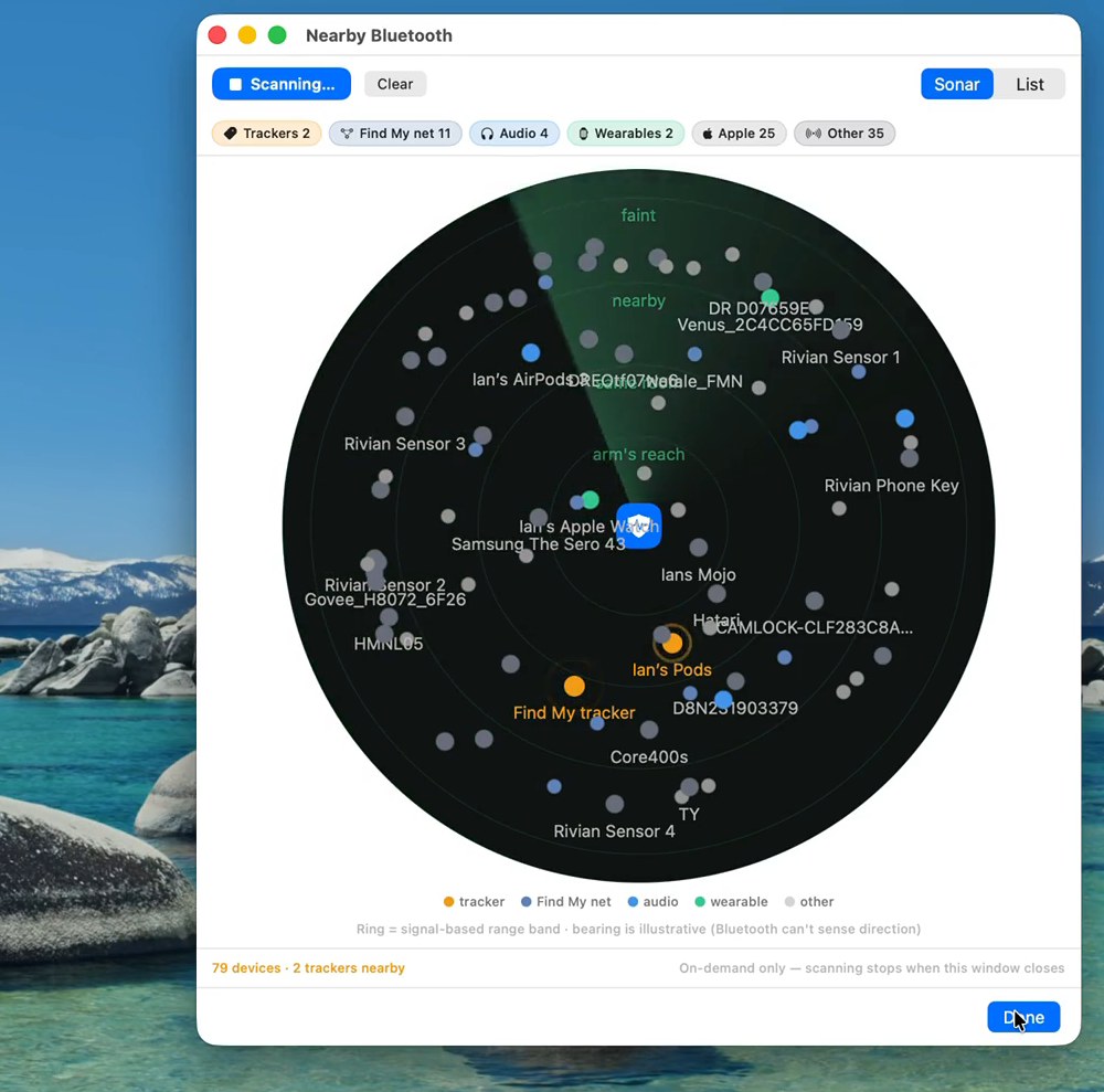 Bluetooth sonar showing nearby devices and a separated tracker