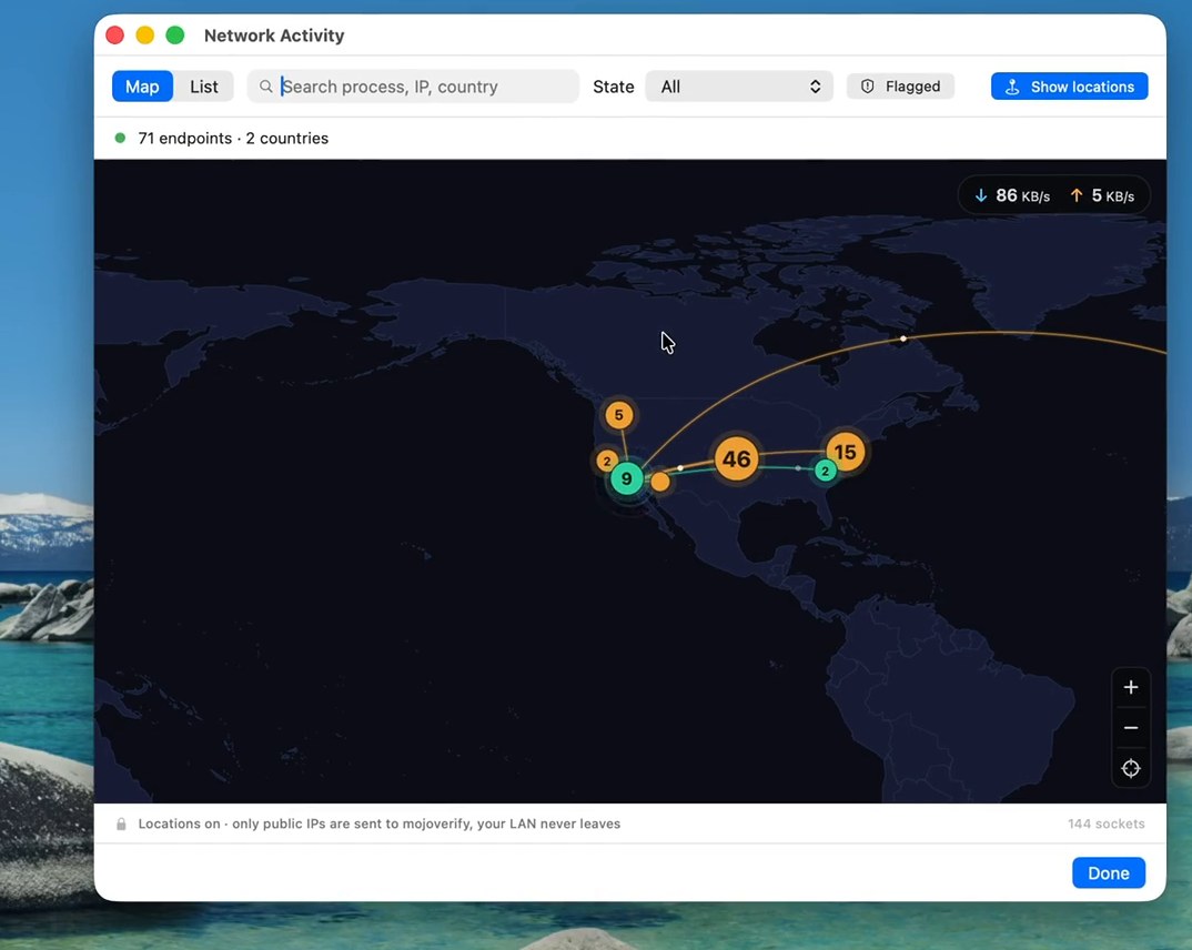 World map of live outbound connections with process attribution